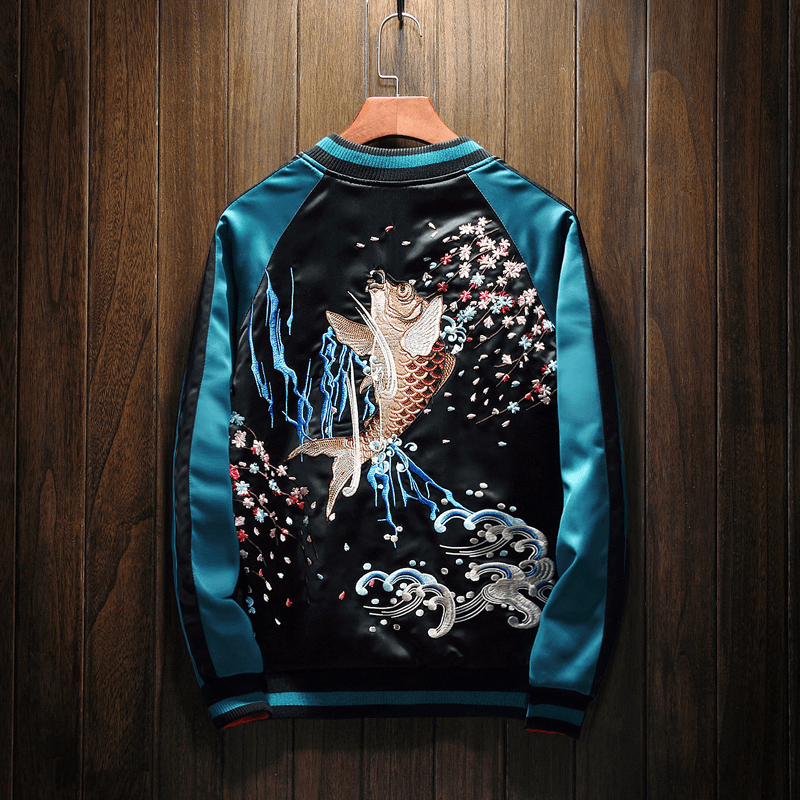 SUKA JACKET スカジャン Samurai Jeans Indigo-Dyed Sukajan Embroidered Satin Souvenir